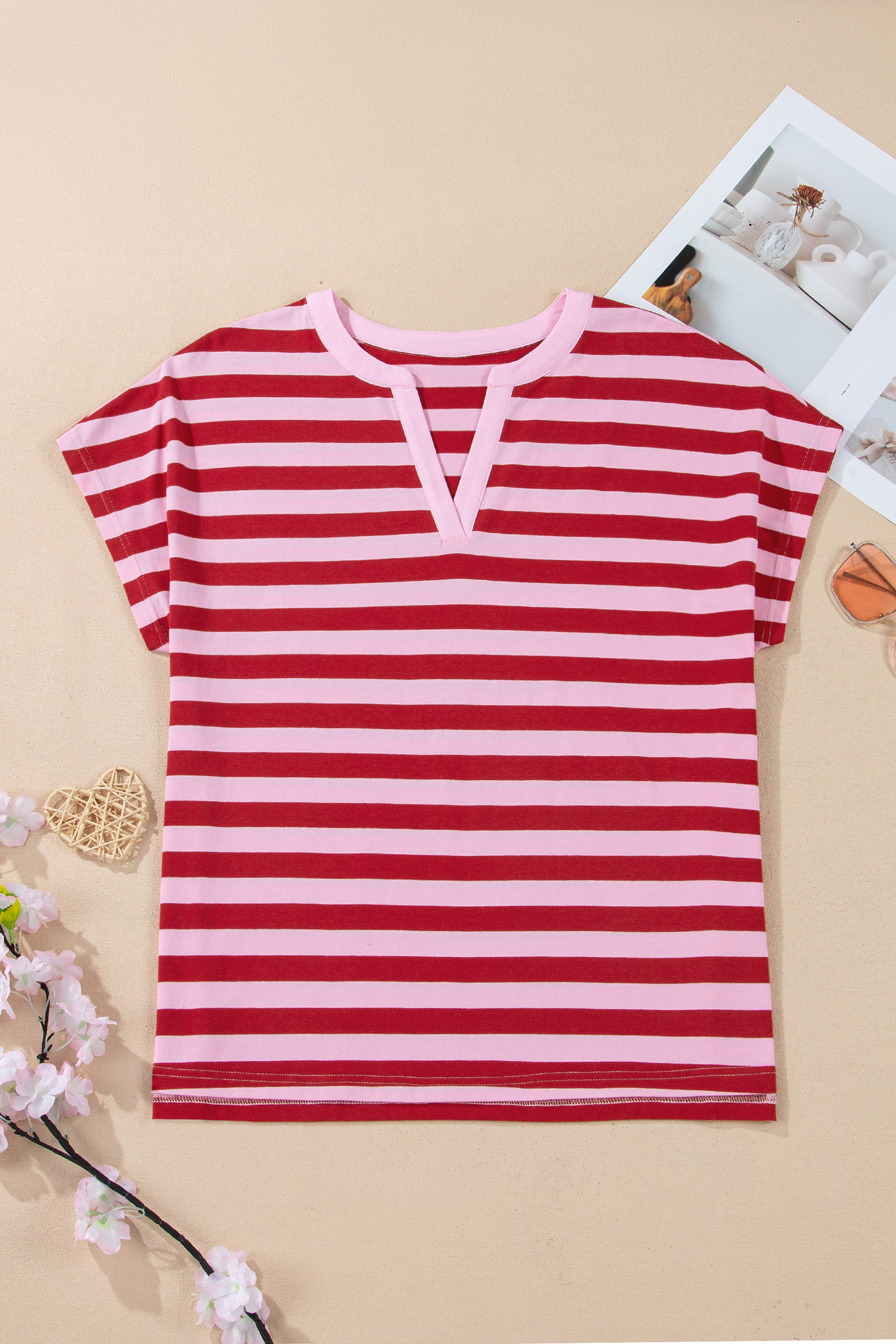 Women's Pink Stripe Split V Neck Casual Tee – Perfect for Daily Wear - Detail View 2 Women's Pink Stripe Split V Neck Casual Tee – Perfect for Daily Wear - Detail View 2