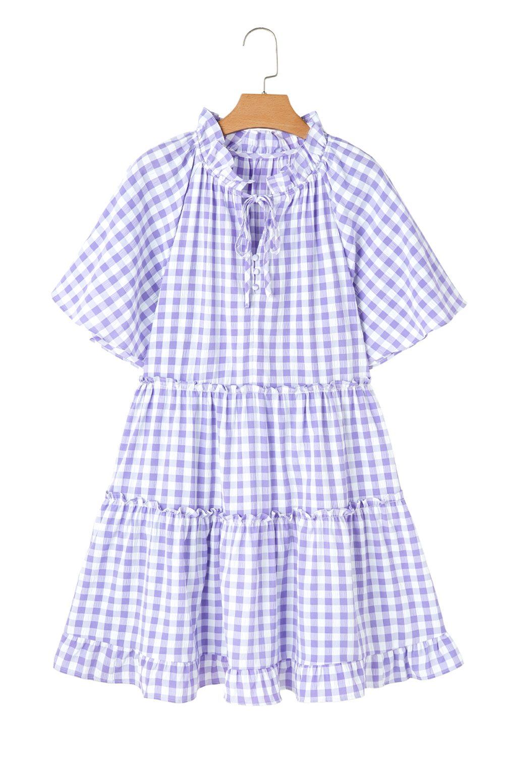 Women's Lavendula Plaid Ruffle Wide Short Sleeve Babydoll Mini Dress - Detail View 13 Women's Lavendula Plaid Ruffle Wide Short Sleeve Babydoll Mini Dress - Detail View 13