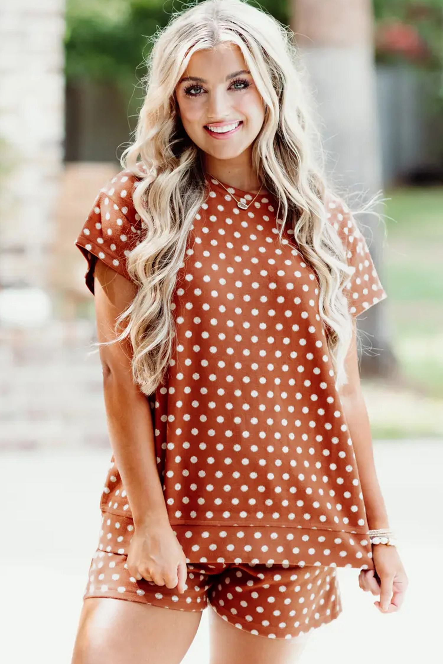 Casual Brown Polka Dot Short Set – Ideal Summer Attire for Women on the Go - Detail View 6 Casual Brown Polka Dot Short Set – Ideal Summer Attire for Women on the Go - Detail View 6