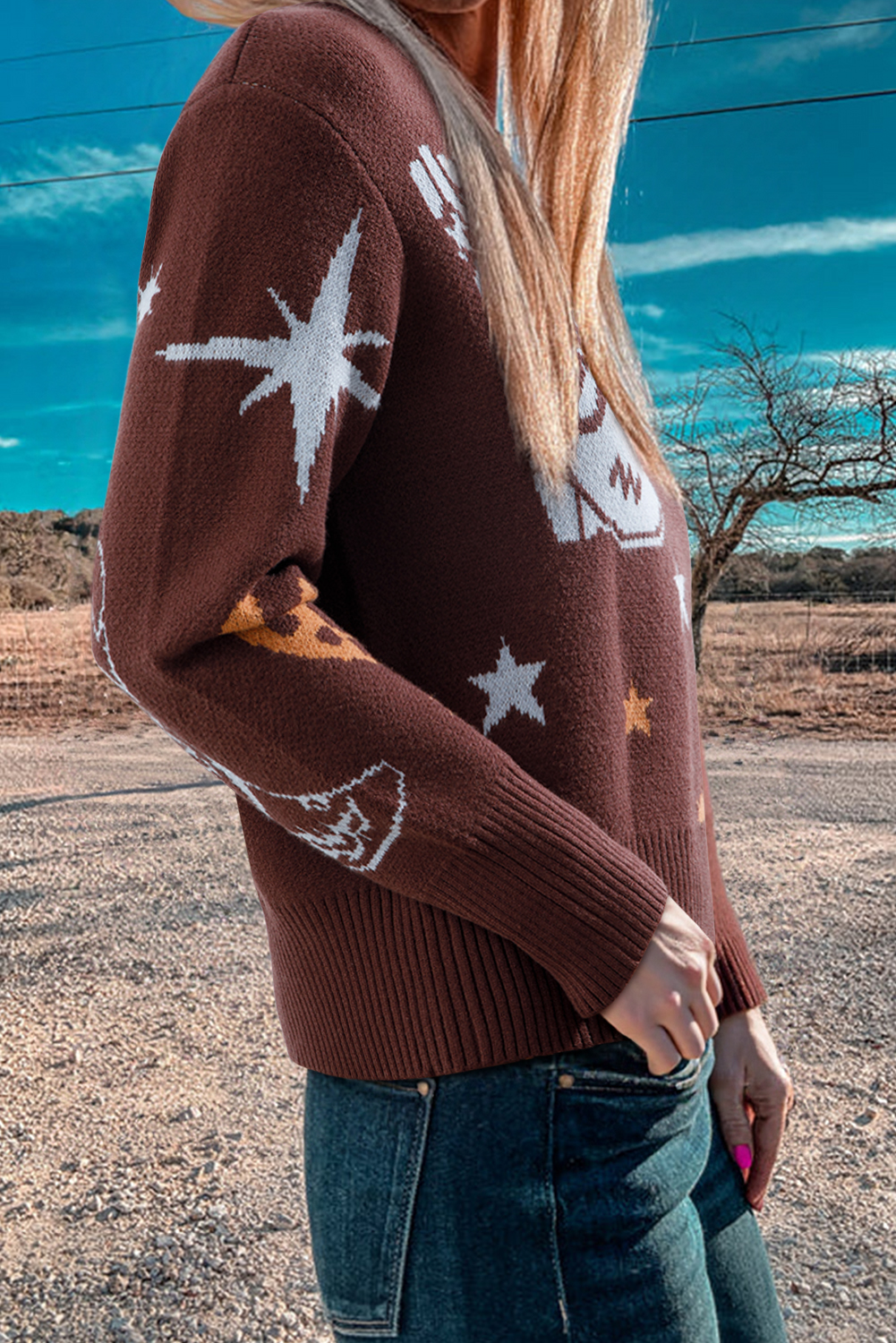 Cozy Brown Western Print Sweater for Women – Round Neck Long Sleeve Shift Silhouette for Fall Outings - Detail View 2 Cozy Brown Western Print Sweater for Women – Round Neck Long Sleeve Shift Silhouette for Fall Outings - Detail View 2