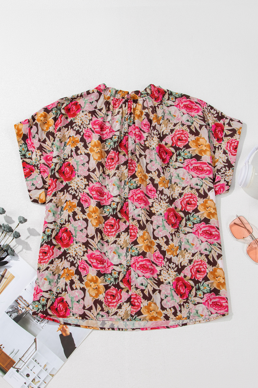 Women's Blouse, Pink Floral Print, Crew Neck, Short Sleeve, Shift Silhouette, Casual Style, Comfortable Fit, Daily Wear, Summer Top, Fashionable Floral, Easy to Style, Country Style, Loose Fit - Detail View 16 Women's Blouse, Pink Floral Print, Crew Neck, Short Sleeve, Shift Silhouette, Casual Style, Comfortable Fit, Daily Wear, Summer Top, Fashionable Floral, Easy to Style, Country Style, Loose Fit - Detail View 16