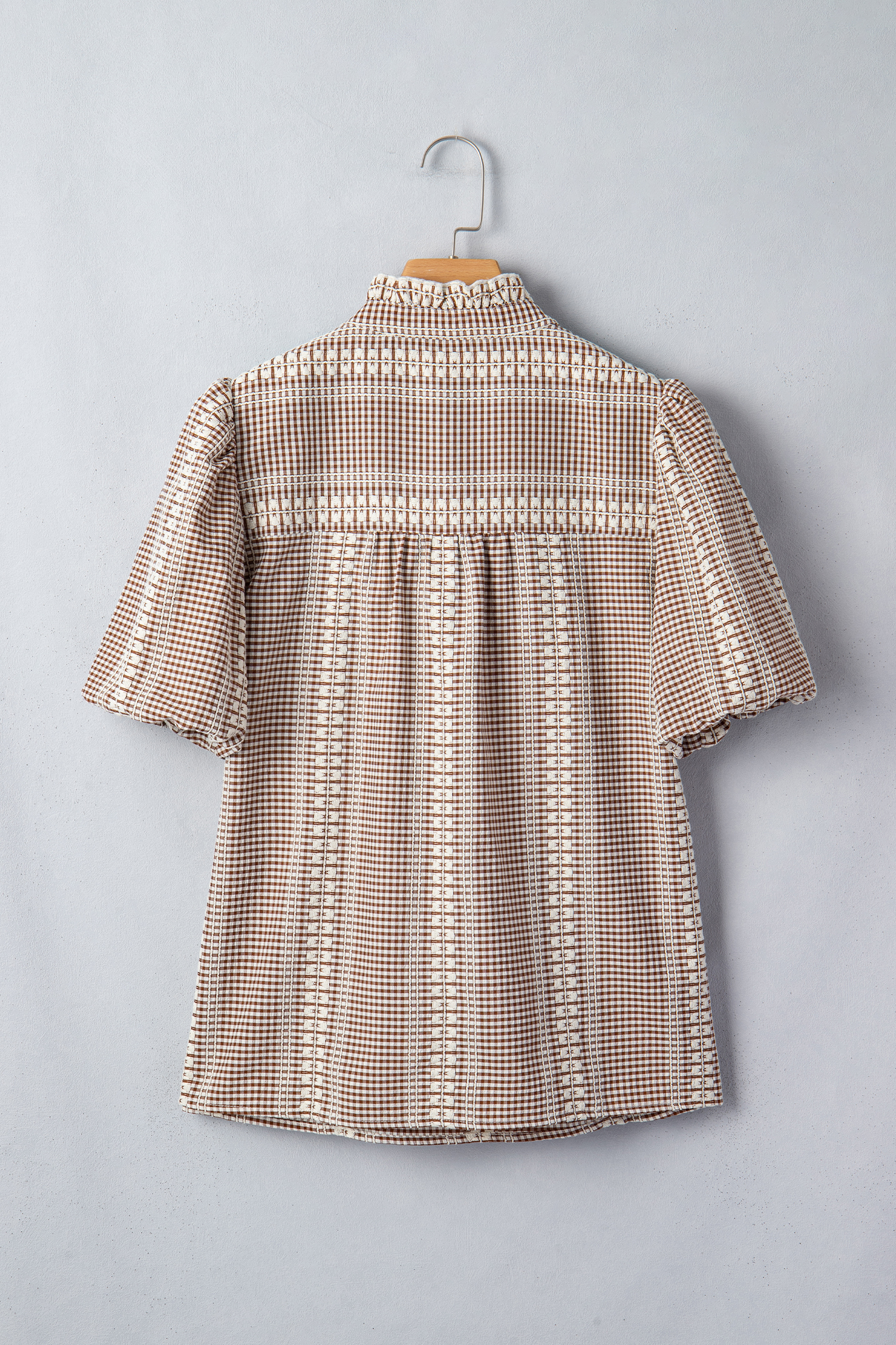 Women's Western Embroidered Pony Top – Gingham Plaid Puff Sleeve Blouse, Unique Gift for Country Style Lovers - Detail View 3 Women's Western Embroidered Pony Top – Gingham Plaid Puff Sleeve Blouse, Unique Gift for Country Style Lovers - Detail View 3