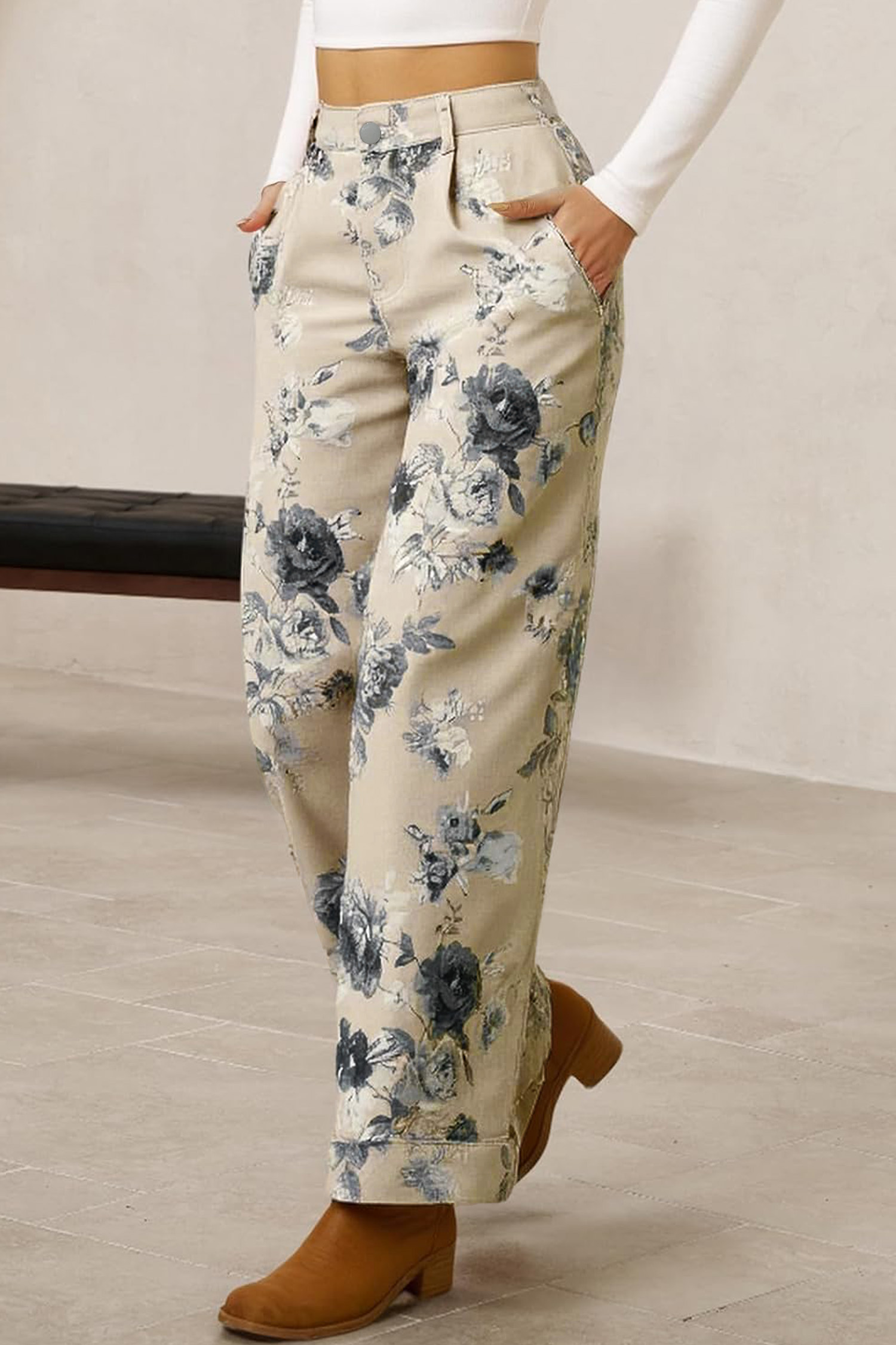 Chic Floral Print Women's Denim Jeans - Retro Loose Fit High Waist Pants, Gift for Her - Detail View 3 Chic Floral Print Women's Denim Jeans - Retro Loose Fit High Waist Pants, Gift for Her - Detail View 3