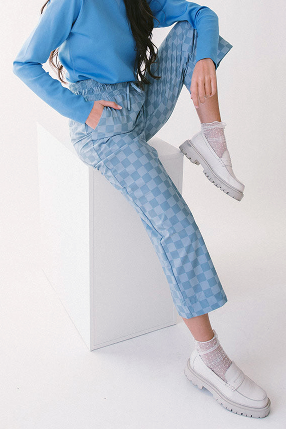 Wide Leg Plaid Casual Pants, Trendy Sky Blue High Waist - Detail View 17 Wide Leg Plaid Casual Pants, Trendy Sky Blue High Waist - Detail View 17