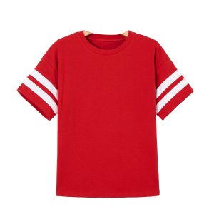 Women's Fiery Red Varsity T-Shirt – Short Sleeve Crew Neck Striped Casual Summer Top - Main View