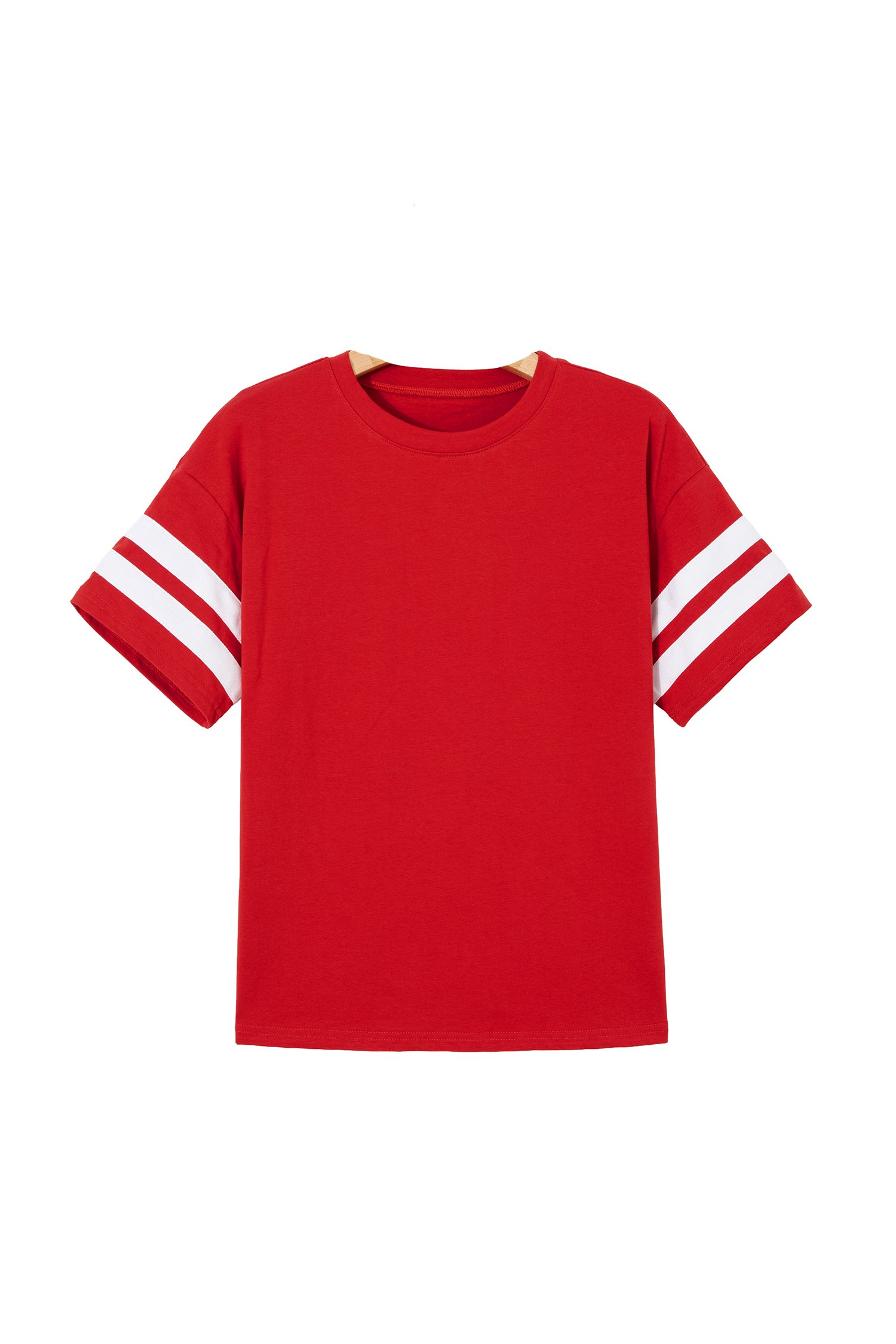 Women's Fiery Red Varsity T-Shirt – Short Sleeve Crew Neck Striped Casual Summer Top - Main View Women's Fiery Red Varsity T-Shirt – Short Sleeve Crew Neck Striped Casual Summer Top - Main View