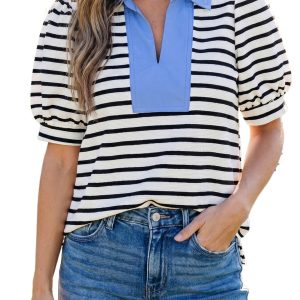 Women's Striped Short Puff Sleeve Blouse – Casual V-Neck Polo Collar Top, Summer Daily Wear - Main View