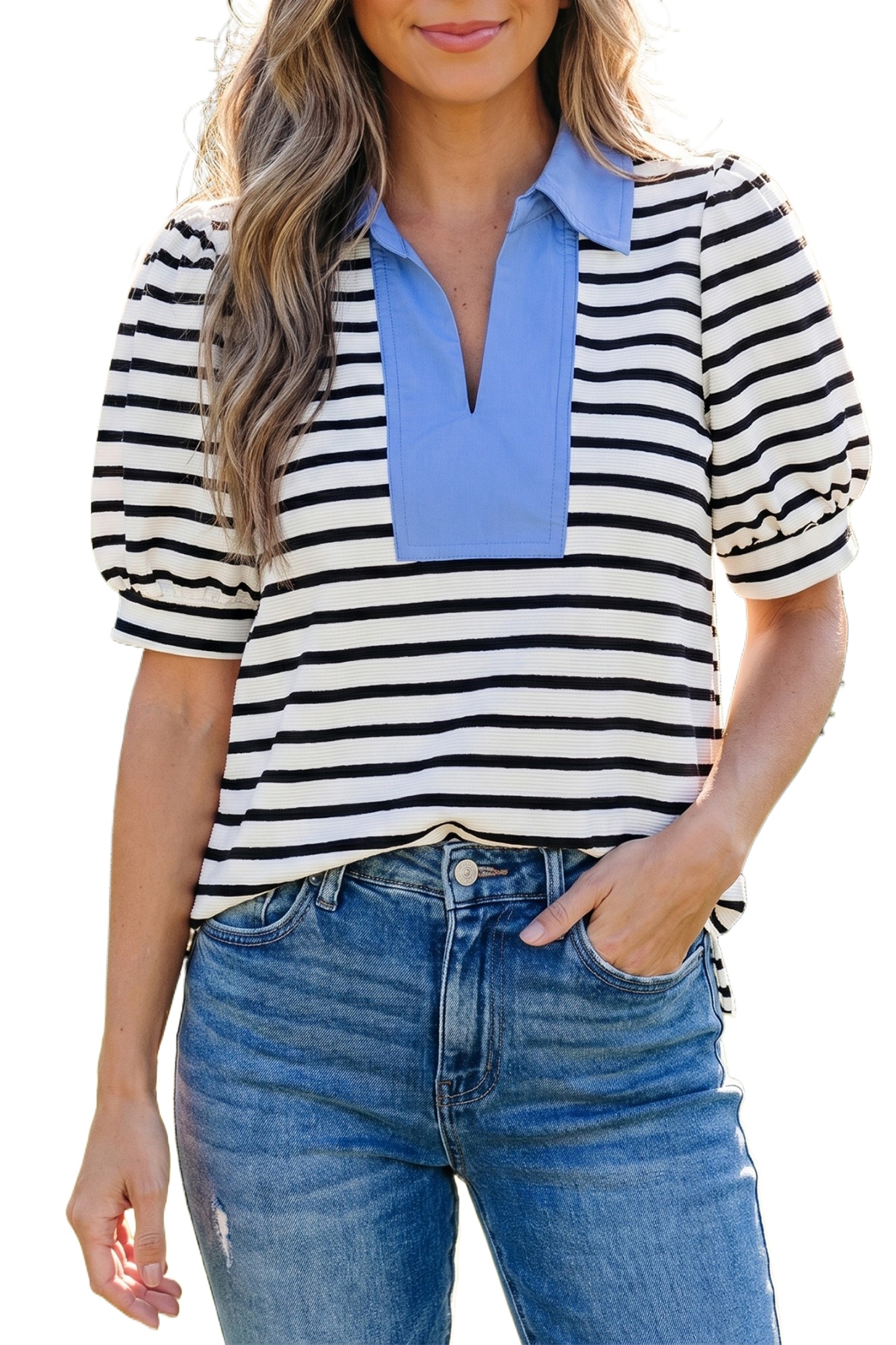 Women's Striped Short Puff Sleeve Blouse – Casual V-Neck Polo Collar Top, Summer Daily Wear - Main View Women's Striped Short Puff Sleeve Blouse – Casual V-Neck Polo Collar Top, Summer Daily Wear - Main View