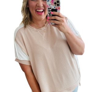 Plus Size Parchment Twist Rib Colorblock Hi Low Short Sleeve Top for Women - Main View