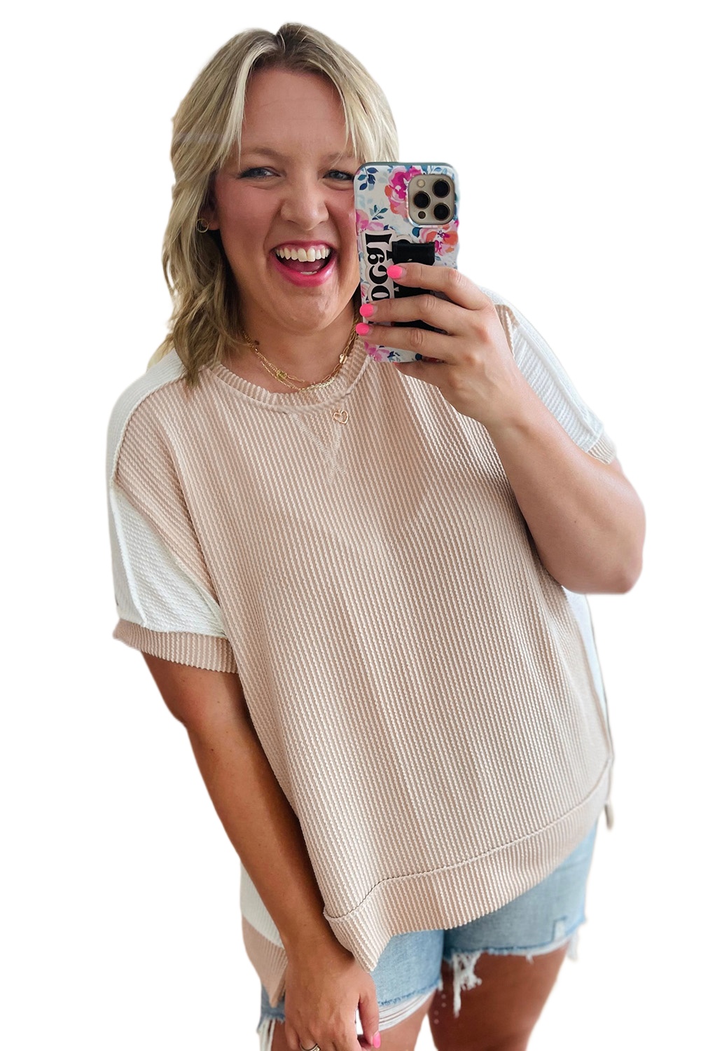 Plus Size Parchment Twist Rib Colorblock Hi Low Short Sleeve Top for Women - Main View Plus Size Parchment Twist Rib Colorblock Hi Low Short Sleeve Top for Women - Main View