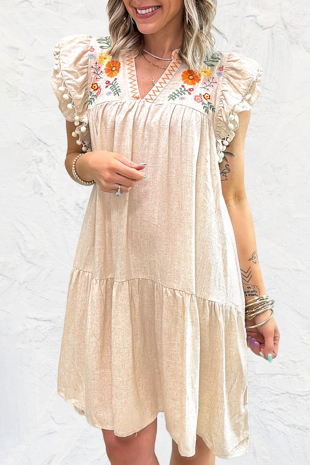 Women's Dress, Jet Stream, Linen, Embroidery, Split Neck, Pom Pom Detail, Ruffle Sleeves, Floral Print, V Neck, Short Dress, Casual, Vacation Wear, Beach Dress, Chic Style, Elegant Design, Cotton Dress, Southern Belle - Detail View 4 Women's Dress, Jet Stream, Linen, Embroidery, Split Neck, Pom Pom Detail, Ruffle Sleeves, Floral Print, V Neck, Short Dress, Casual, Vacation Wear, Beach Dress, Chic Style, Elegant Design, Cotton Dress, Southern Belle - Detail View 4