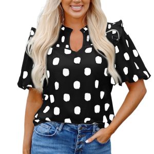 Women's Black Polka Dot Print Balloon Sleeve Blouse with Notched Neck and Shirred Yoke - Main View