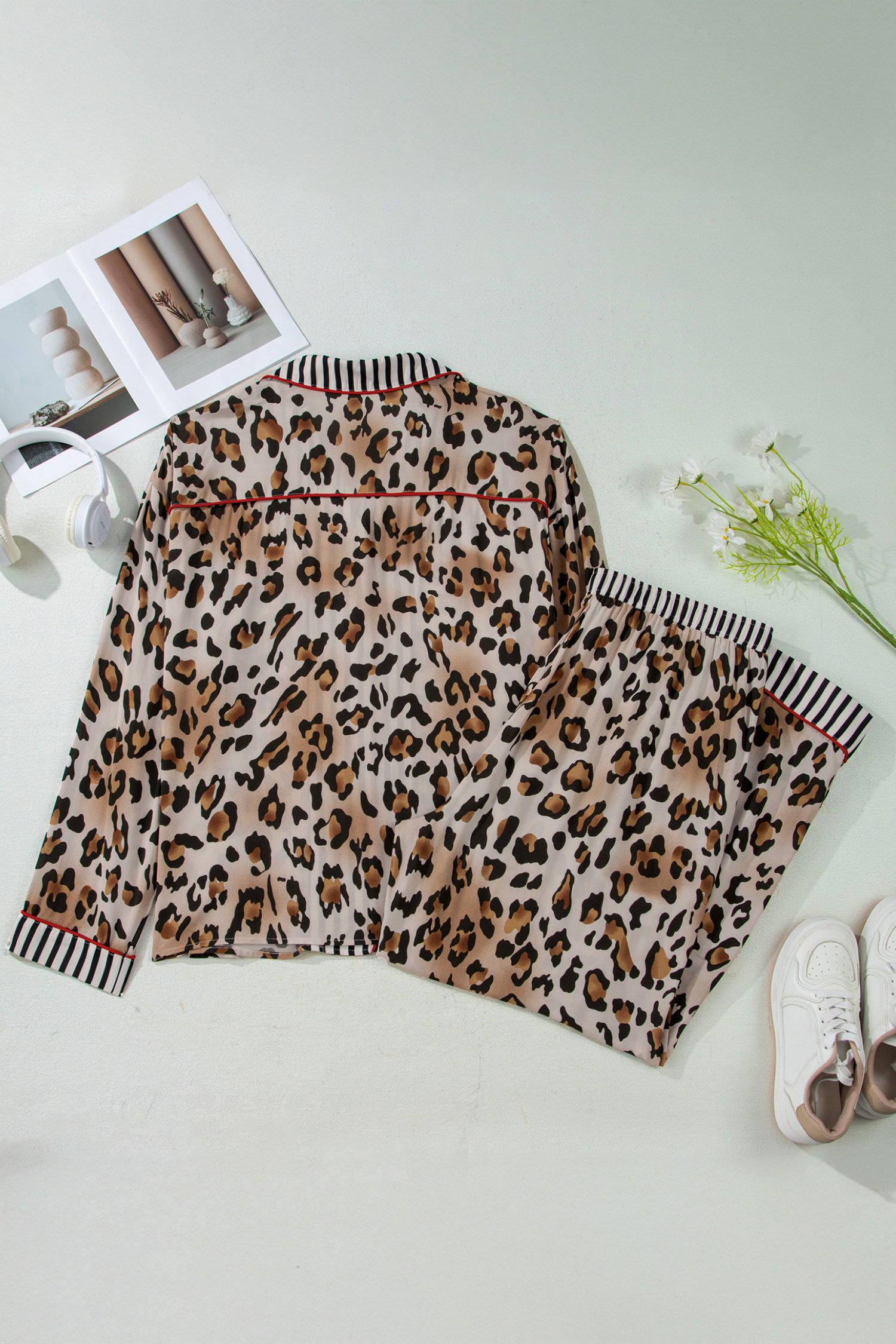 Casual Khaki Striped Patchwork Pajama Set with Leopard Print – Autumn Essential for Women - Detail View 3 Casual Khaki Striped Patchwork Pajama Set with Leopard Print – Autumn Essential for Women - Detail View 3