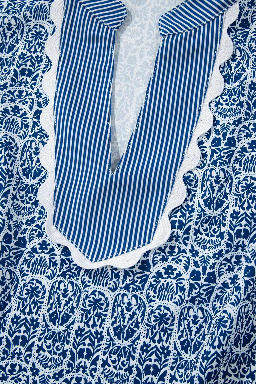 Bohemian Style Blue Floral and Striped V Neck Blouse with Puff Sleeves - Detail View 10 Bohemian Style Blue Floral and Striped V Neck Blouse with Puff Sleeves - Detail View 10