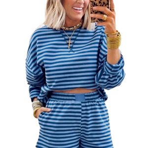 Women's Blue Stripe Long Sleeve Pullover & Short Set – Casual Spring Outfit for Daily Wear - Main View