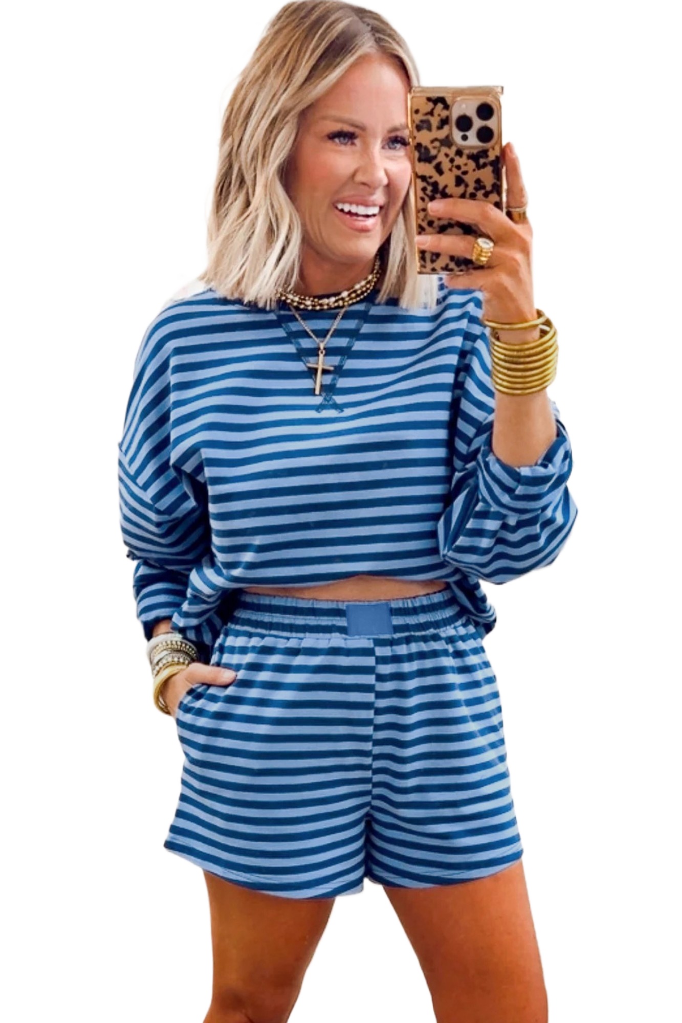 Women's Blue Stripe Long Sleeve Pullover & Short Set – Casual Spring Outfit for Daily Wear - Main View Women's Blue Stripe Long Sleeve Pullover & Short Set – Casual Spring Outfit for Daily Wear - Main View