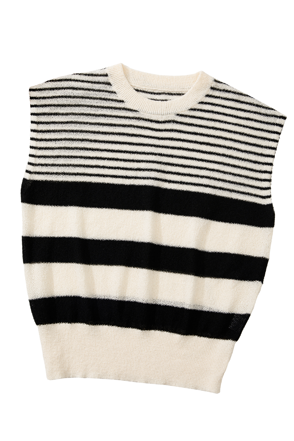 Women's Black and White Striped Sleeveless Round Neck Sweater Vest - Detail View 13 Women's Black and White Striped Sleeveless Round Neck Sweater Vest - Detail View 13