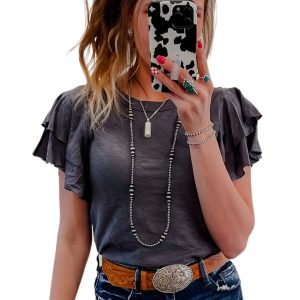 Women's Dark Grey Layered Ruffle Short Sleeve Round Neck Top for Casual Chic - Main View