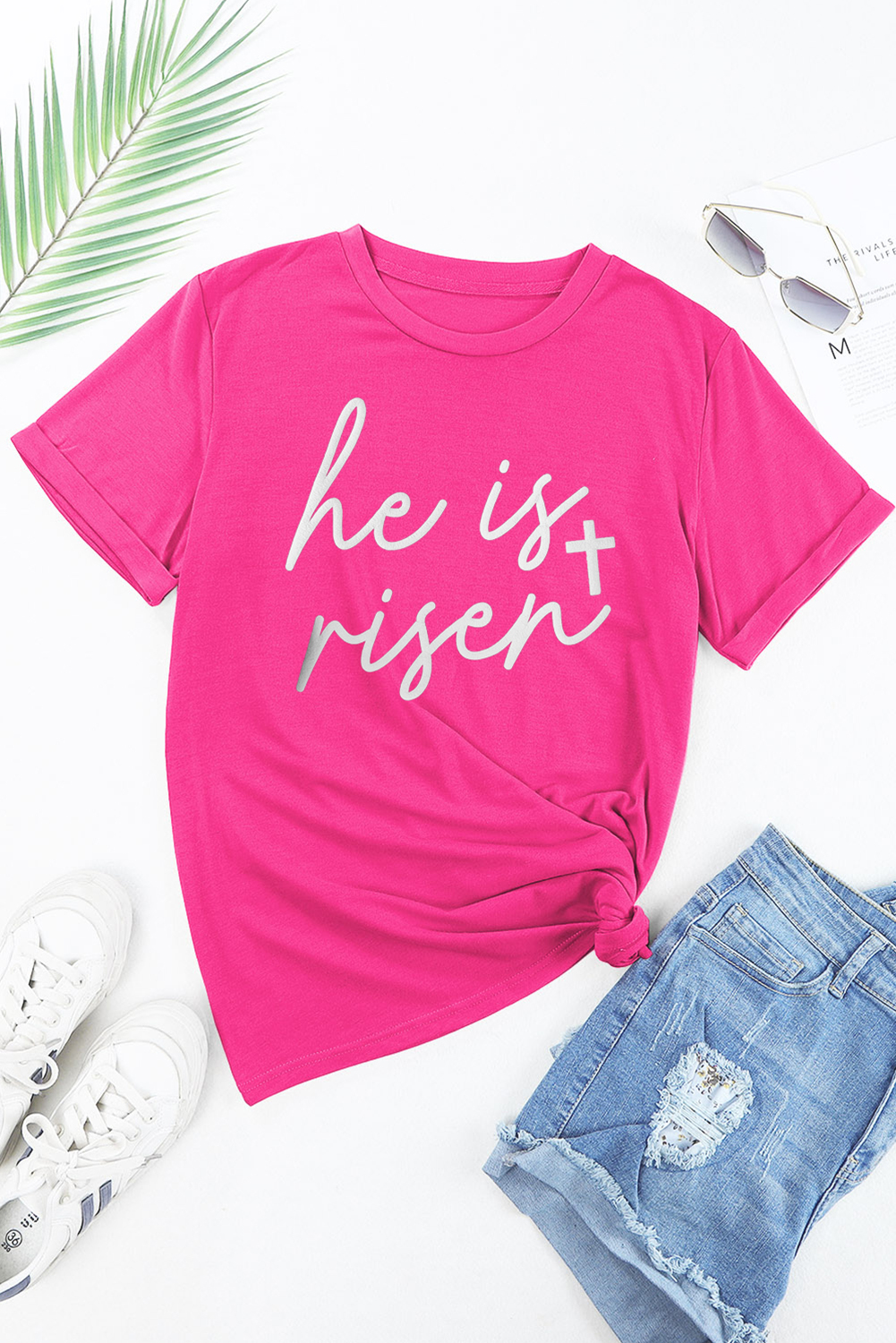 Summer Ready Women's Crew Neck Tee - 'He Is Risen' Design, Perfect for Easter Celebrations - Detail View 3 Summer Ready Women's Crew Neck Tee - 'He Is Risen' Design, Perfect for Easter Celebrations - Detail View 3