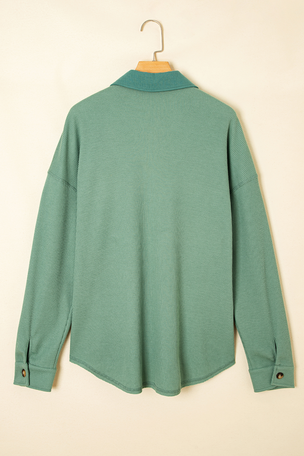 Women's Grass Green Waffle Knit Vintage Patchwork Button Up Loose Shirt - Detail View 5 Women's Grass Green Waffle Knit Vintage Patchwork Button Up Loose Shirt - Detail View 5
