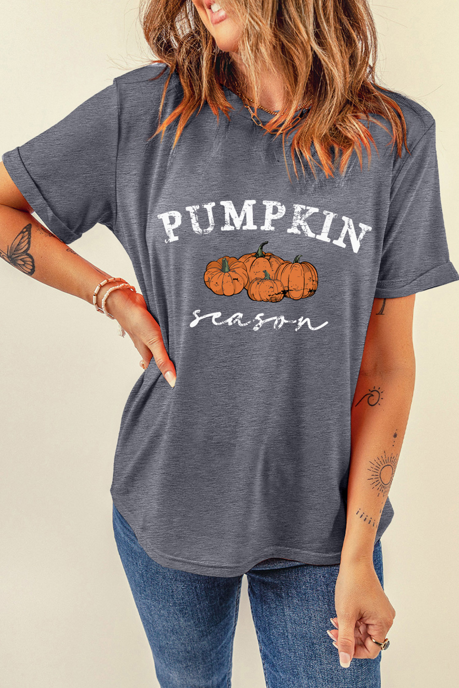 Casual Short Sleeve Pumpkin Graphic Tee, Women's Fall Top - Detail View 9 Casual Short Sleeve Pumpkin Graphic Tee, Women's Fall Top - Detail View 9