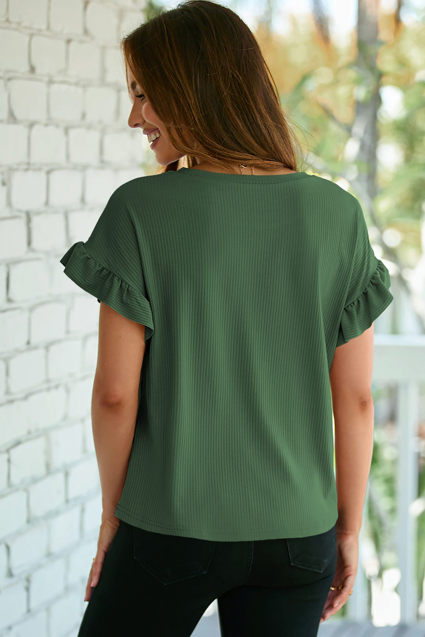 Stylish Blackish Green Solid Ruffled T-Shirt for Women – Perfect for Summer Office Outfits - Detail View 2 Stylish Blackish Green Solid Ruffled T-Shirt for Women – Perfect for Summer Office Outfits - Detail View 2