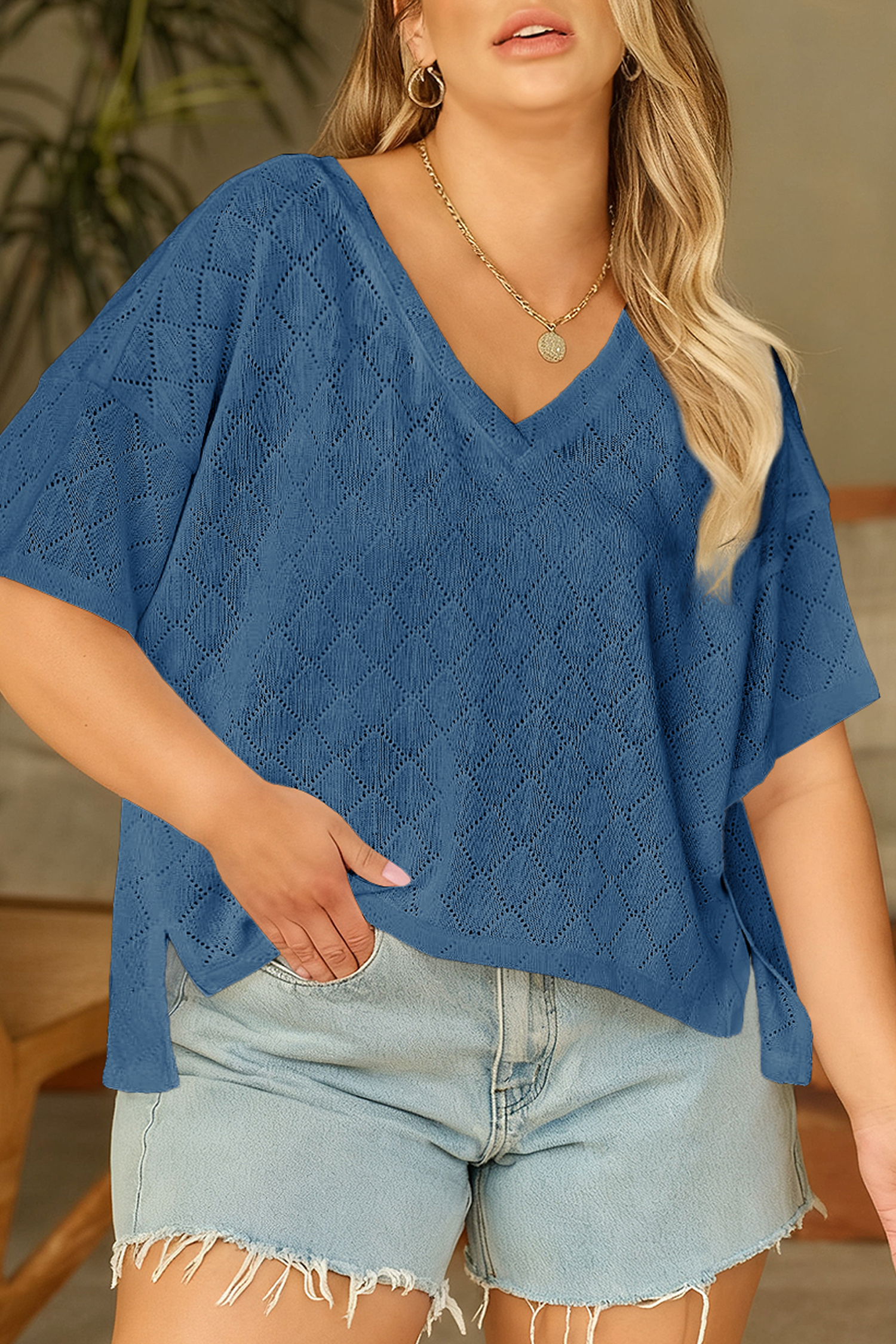 Plus Size Sky Blue Pointelle Knit V Neck Top – Casual Style for Women - Detail View 7 Plus Size Sky Blue Pointelle Knit V Neck Top – Casual Style for Women - Detail View 7