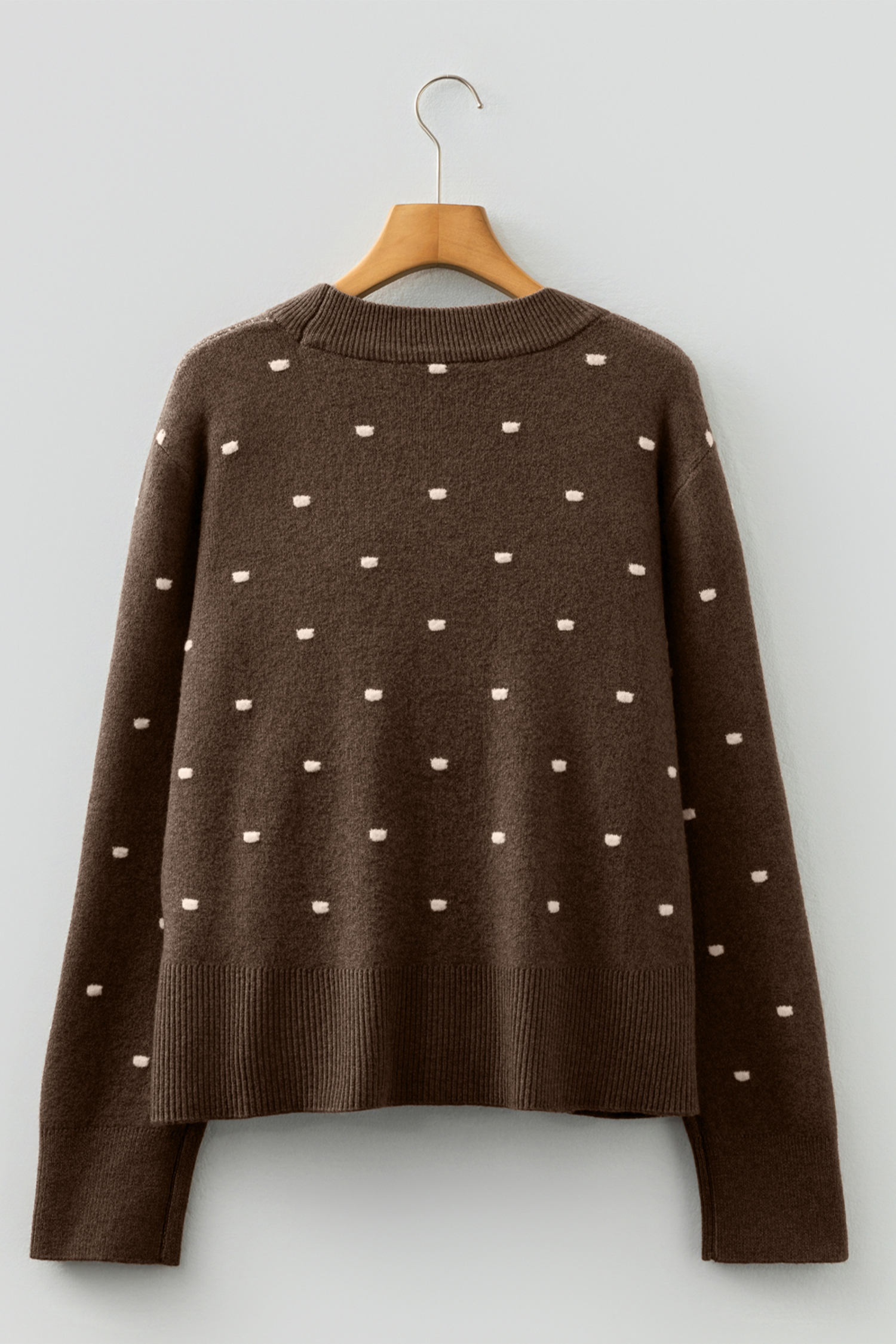 Cozy Women's Brown Dotted Print Sweater – Long Sleeve for Fall Outings - Detail View 5 Cozy Women's Brown Dotted Print Sweater – Long Sleeve for Fall Outings - Detail View 5