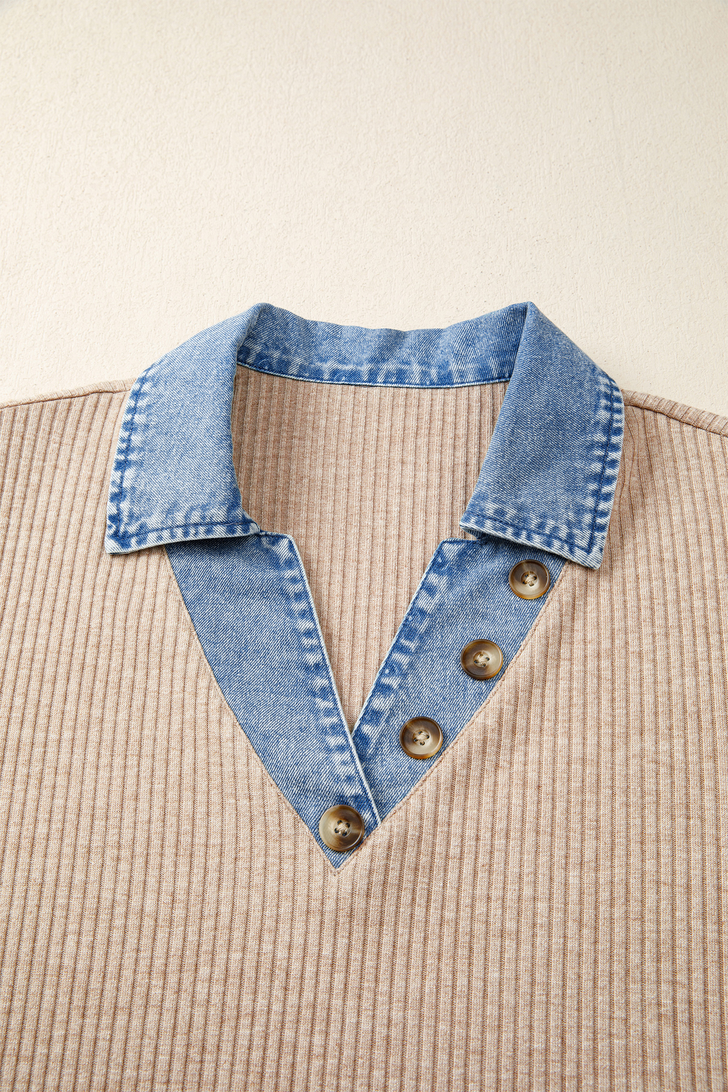 Chic Beige Color Block Patchwork Top for Women – Ribbed Knit Denim V-Neck Blouse, Versatile Summer Gift - Detail View 6 Chic Beige Color Block Patchwork Top for Women – Ribbed Knit Denim V-Neck Blouse, Versatile Summer Gift - Detail View 6