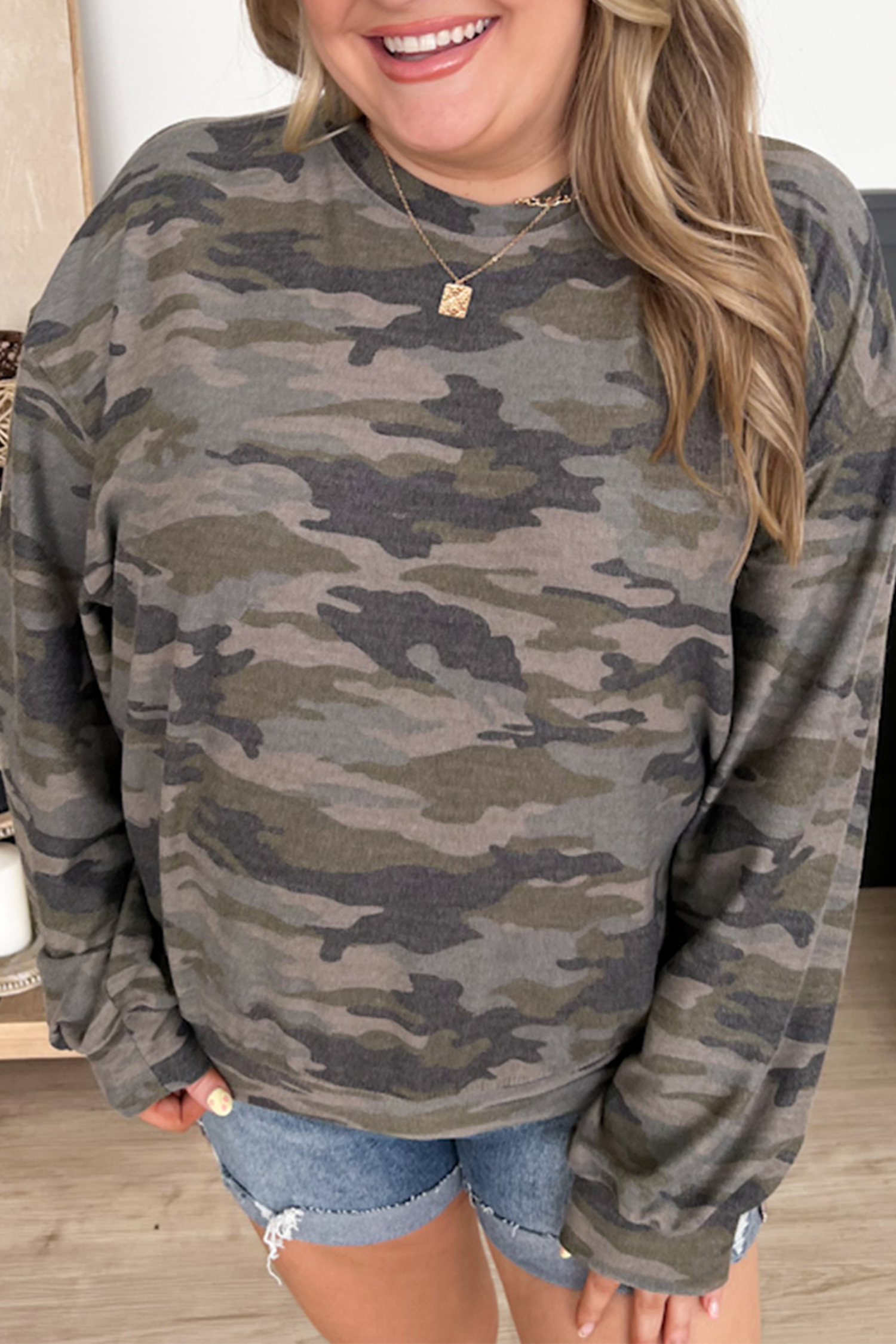 Women's Camo Print Blouse, Casual Long Sleeve Crew Neck Top - Detail View 7 Women's Camo Print Blouse, Casual Long Sleeve Crew Neck Top - Detail View 7