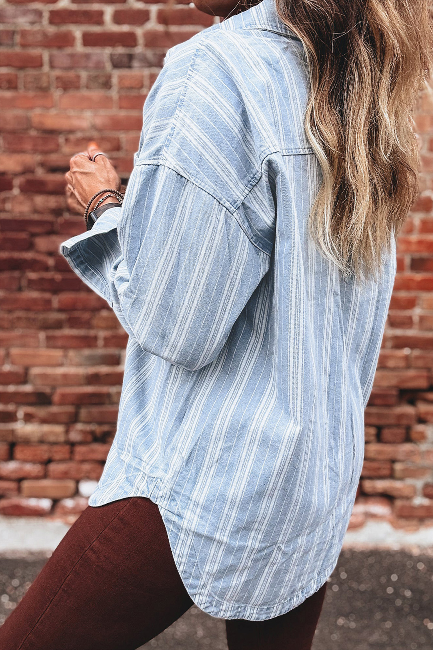 Casual Sky Blue Stripe Boyfriend Shacket for Women – Classic Denim with Pocket for Daily Style - Detail View 3 Casual Sky Blue Stripe Boyfriend Shacket for Women – Classic Denim with Pocket for Daily Style - Detail View 3
