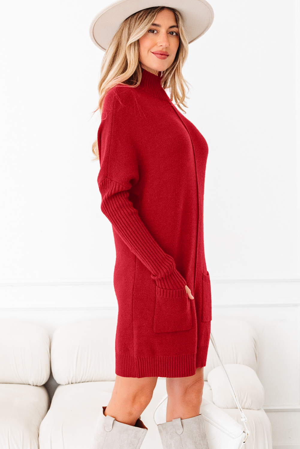 Versatile Women's Mini Fiery Red Ribbed Dress with Front Pockets – Everyday Comfort - Detail View 3 Versatile Women's Mini Fiery Red Ribbed Dress with Front Pockets – Everyday Comfort - Detail View 3