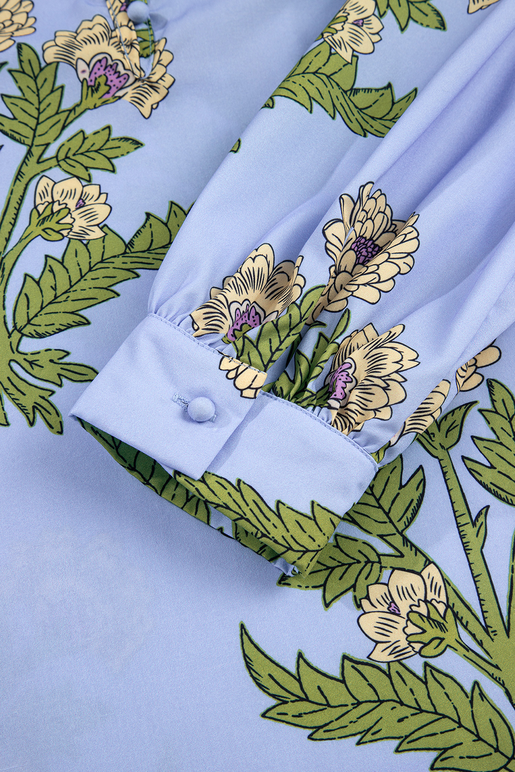 Women's Sky Blue Floral Print Long Puff Sleeve Blouse with Tie Neck - Detail View 9 Women's Sky Blue Floral Print Long Puff Sleeve Blouse with Tie Neck - Detail View 9