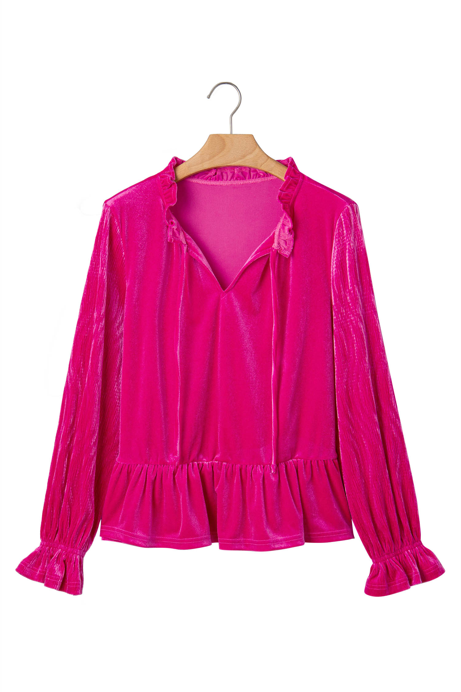 Elegant Velvet V Neck Blouse, Textured Ruffled Cuff Fall Top - Detail View 2 Elegant Velvet V Neck Blouse, Textured Ruffled Cuff Fall Top - Detail View 2