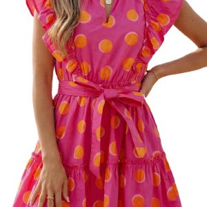 Women's Polka Dot V-Neck Dress – Ruffle Sleeve Summer Mini - Main View