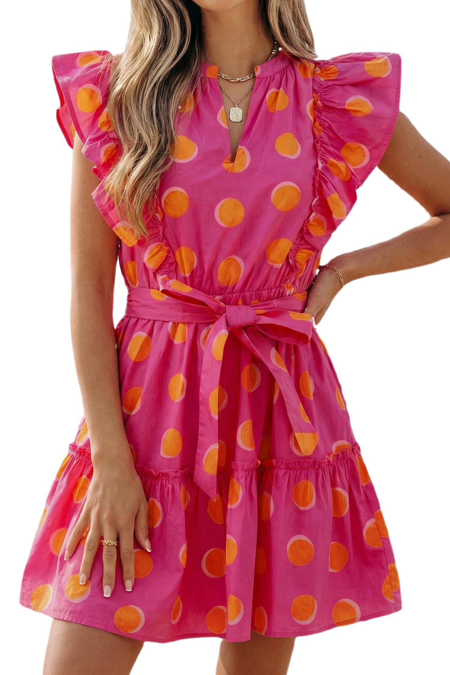 Women's Polka Dot V-Neck Dress – Ruffle Sleeve Summer Mini - Main View Women's Polka Dot V-Neck Dress – Ruffle Sleeve Summer Mini - Main View
