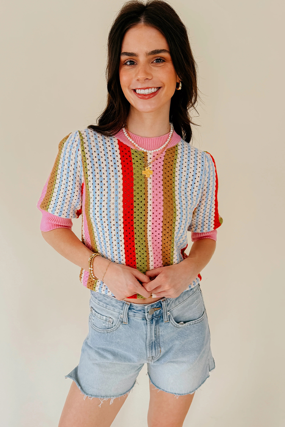 Southern Belle Multicolour Striped Knit Top for Women's Summer Outings - Detail View 6 Southern Belle Multicolour Striped Knit Top for Women's Summer Outings - Detail View 6