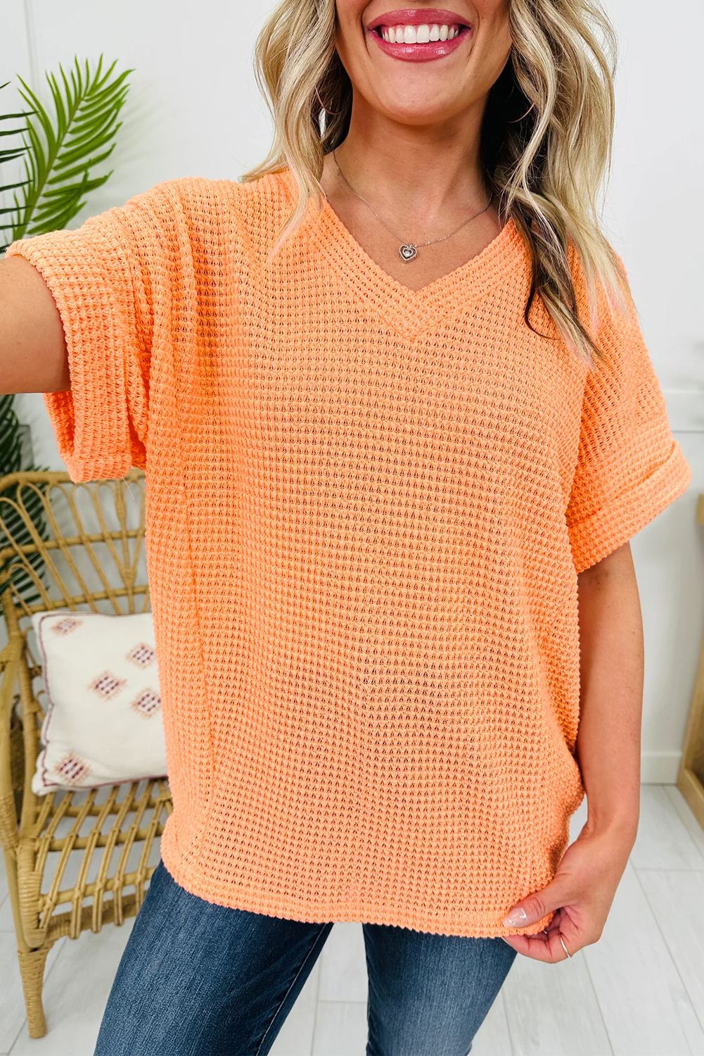 Women's Casual V Neck Waffle Knit Tee, Cozy Gift - Detail View 6 Women's Casual V Neck Waffle Knit Tee, Cozy Gift - Detail View 6