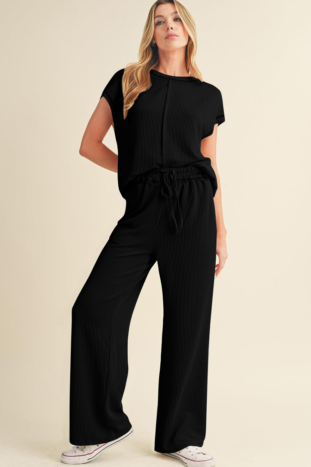 Chic Black Two-Piece Set: Corded Short Sleeve Top with High Waist Wide Leg Pants - Detail View 6 Chic Black Two-Piece Set: Corded Short Sleeve Top with High Waist Wide Leg Pants - Detail View 6