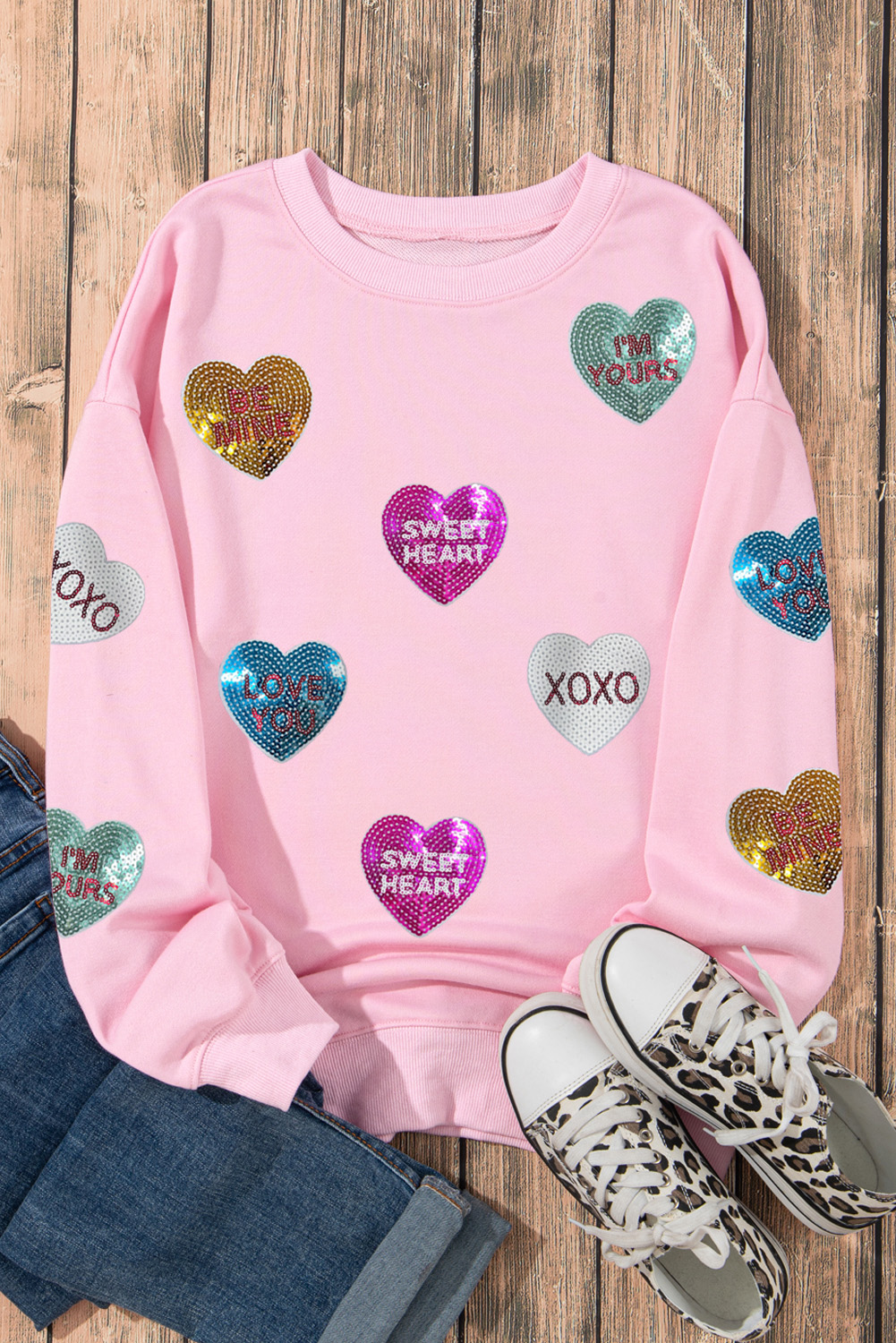 Women's Pink Sequin Heart Graphic Sweatshirt - Romantic Letters for Valentine's Day - Detail View 9 Women's Pink Sequin Heart Graphic Sweatshirt - Romantic Letters for Valentine's Day - Detail View 9
