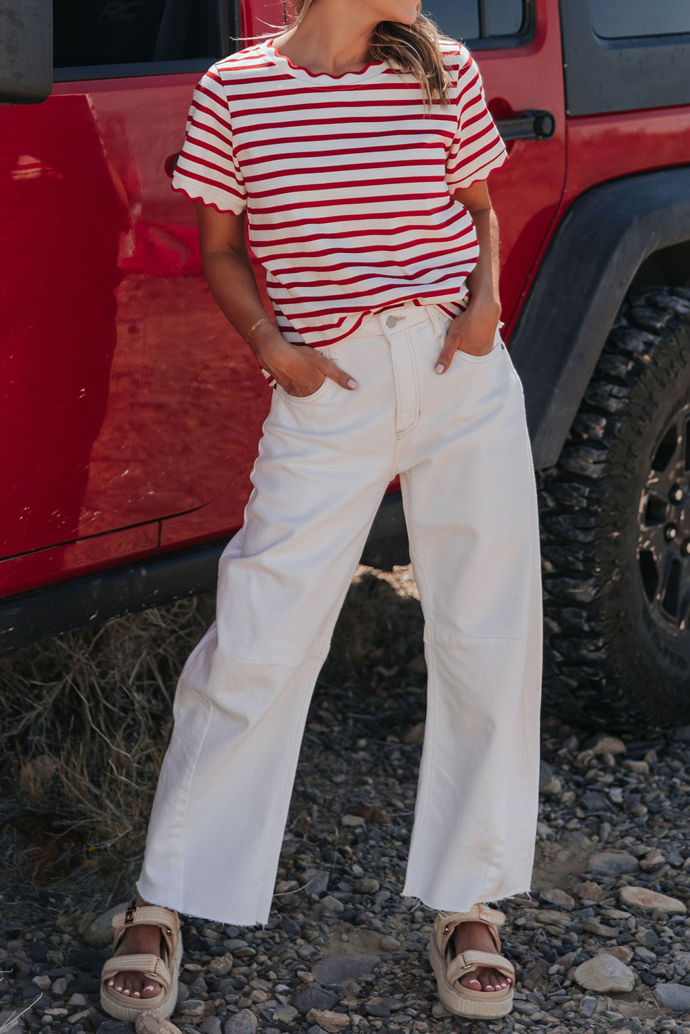 Summer-Ready Women's Red Stripe Round Neck Tee with Scalloped Trim – Effortless Casual Look - Detail View 6 Summer-Ready Women's Red Stripe Round Neck Tee with Scalloped Trim – Effortless Casual Look - Detail View 6