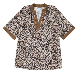 Women's Brown Leopard Print V Neck Blouse – Casual Summer Style for Every Day - Main View