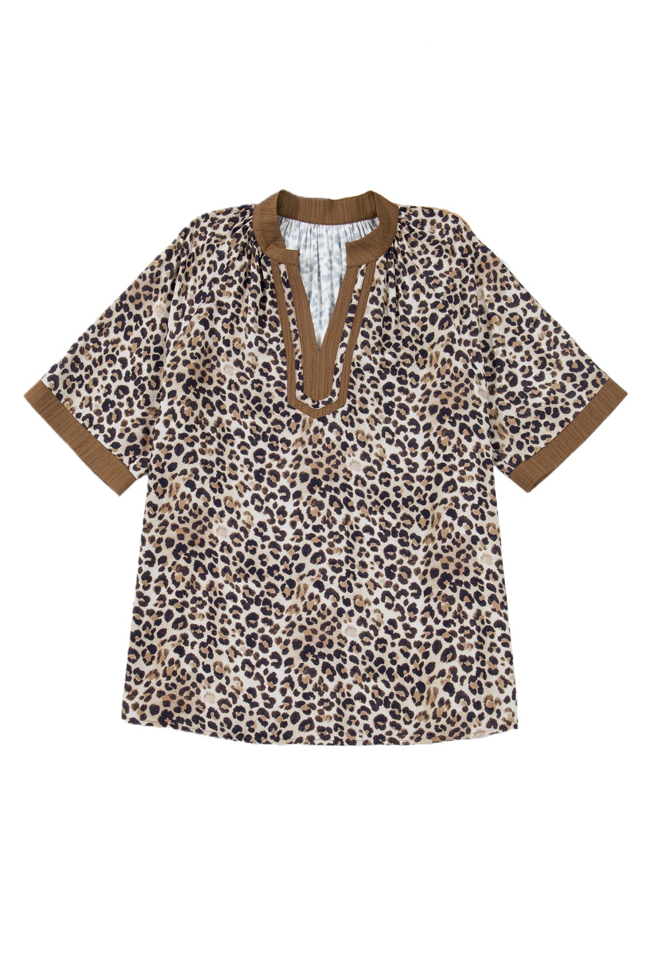 Women's Brown Leopard Print V Neck Blouse – Casual Summer Style for Every Day - Main View Women's Brown Leopard Print V Neck Blouse – Casual Summer Style for Every Day - Main View