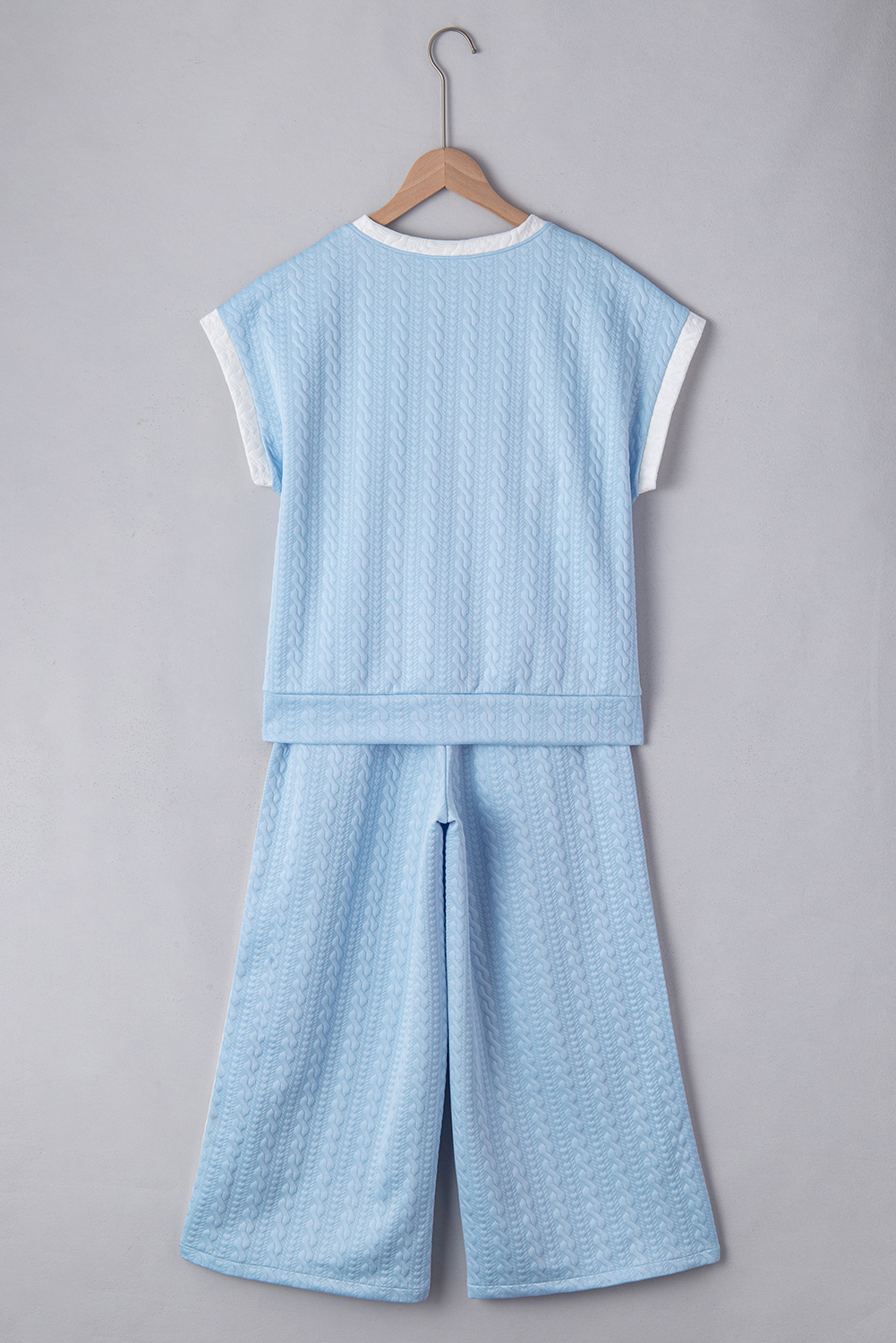 Women's Set, Beau Blue, Textured Fabric, Colorblock Edges, Tank Top, High Waist Pants, Casual Style, Summer Fashion, Sleeveless, Pocket Detail, Wide Leg Pants, Flattering Silhouette, Daily Wear, Two-Piece Sets, Comfortable Outfit - Detail View 4 Women's Set, Beau Blue, Textured Fabric, Colorblock Edges, Tank Top, High Waist Pants, Casual Style, Summer Fashion, Sleeveless, Pocket Detail, Wide Leg Pants, Flattering Silhouette, Daily Wear, Two-Piece Sets, Comfortable Outfit - Detail View 4
