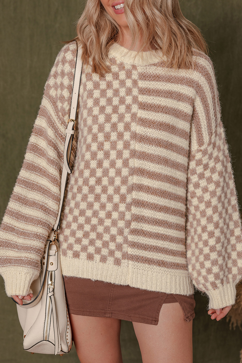 Stylish Khaki Stripe and Plaid Patterned Drop Shoulder Sweater for Daily Wear - Detail View 7 Stylish Khaki Stripe and Plaid Patterned Drop Shoulder Sweater for Daily Wear - Detail View 7