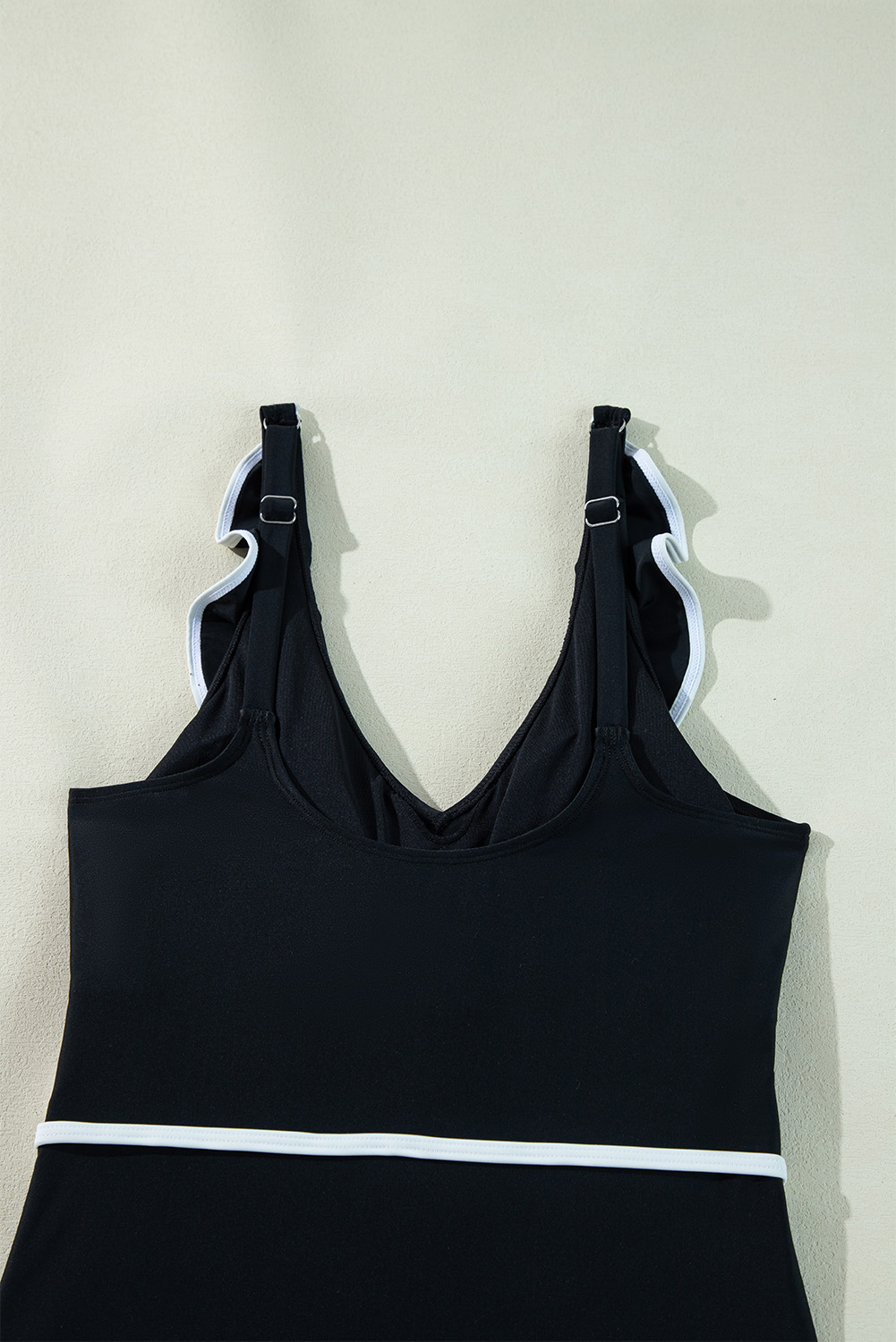 Women's Elegant Black Color Contrast Ruffled Wrap V Neck One-Piece Swimsuit - Detail View 17 Women's Elegant Black Color Contrast Ruffled Wrap V Neck One-Piece Swimsuit - Detail View 17