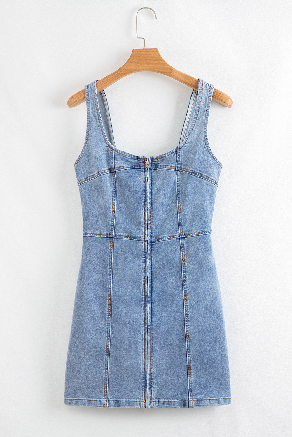 Chic Casual Sheath Mini Dress - Stylish Zipper Detail and Square Neckline in Beau Blue - Detail View 10 Chic Casual Sheath Mini Dress - Stylish Zipper Detail and Square Neckline in Beau Blue - Detail View 10