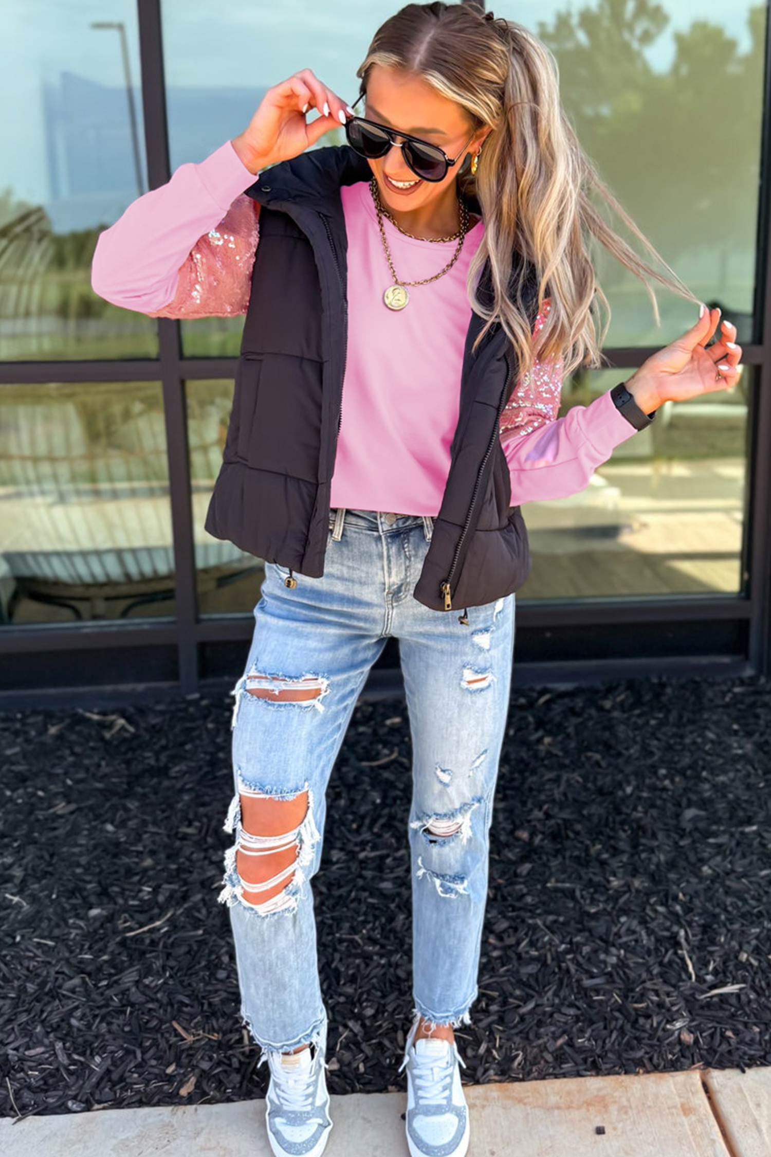 Pink Long Sleeve Sequin Top, Women's Casual Shift Pullover - Detail View 5 Pink Long Sleeve Sequin Top, Women's Casual Shift Pullover - Detail View 5