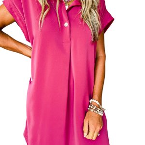 Women's Rose Red Buttoned Collar Shift T-Shirt Mini Dress - Main View