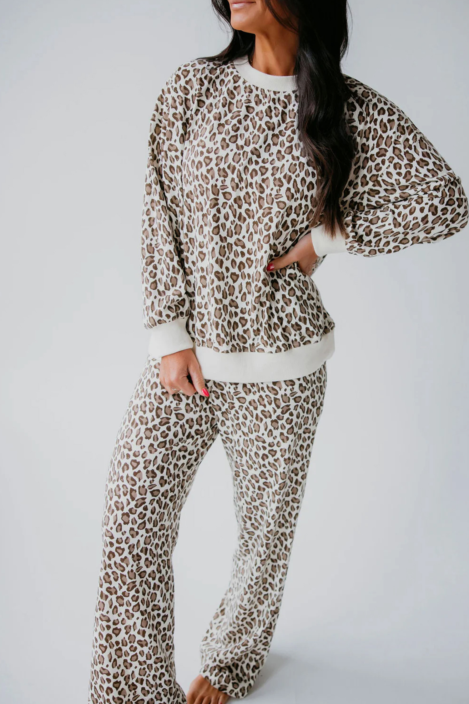 Soft Leopard Lounge Outfit, Daily Long Sleeve Two Piece Set - Detail View 3 Soft Leopard Lounge Outfit, Daily Long Sleeve Two Piece Set - Detail View 3
